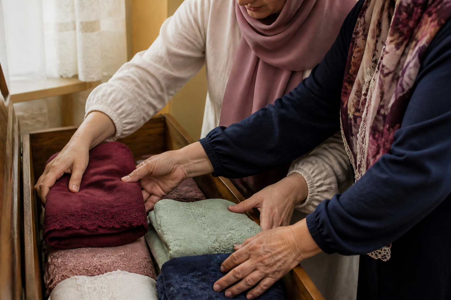Çeyiz sandığına özenle yerleştirilen kumaşların yakın planı