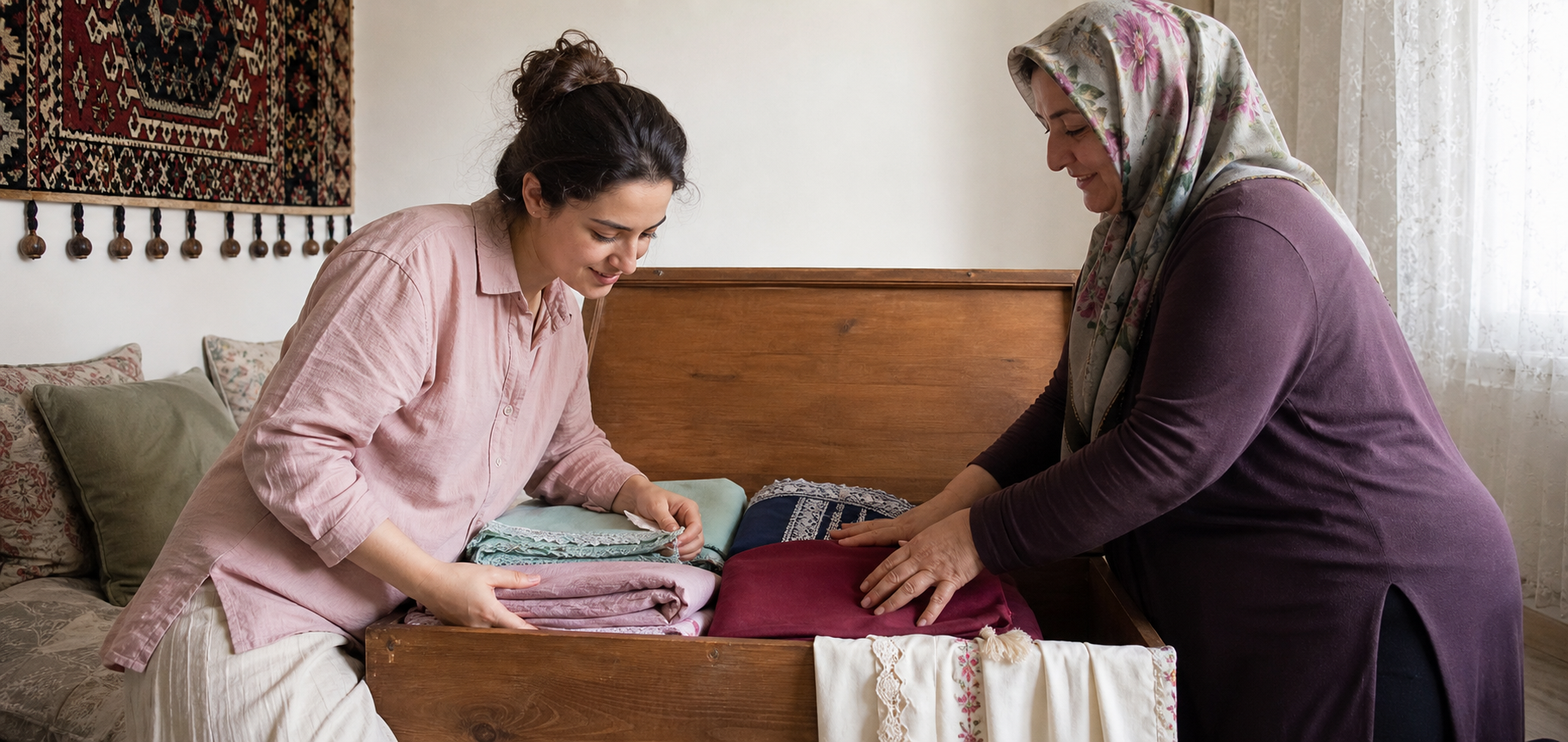 Doğal bir Türk evinde çeyiz sandığı hazırlayan anne ve kızı